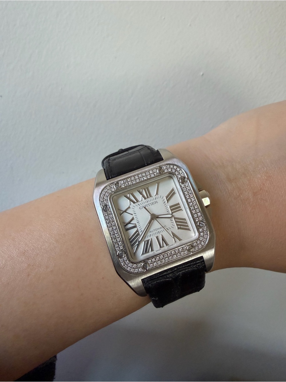 Cartier Santos 100 Stainless Steel Watch W/ Diamond Bezel and Leather Strap